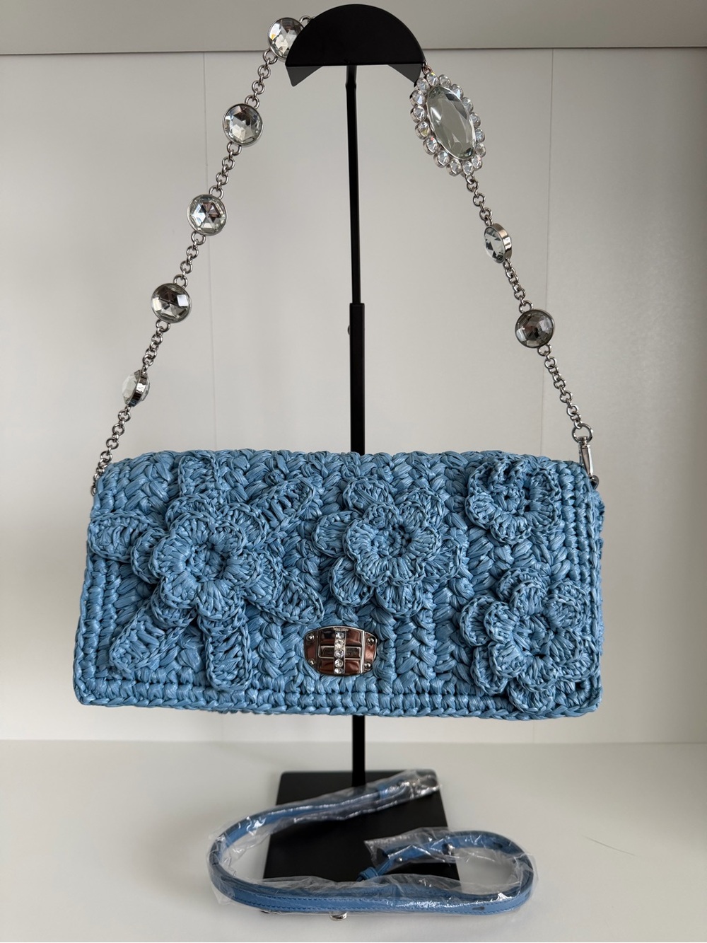 Miu Miu Light Blue Crochet Shoulder Bag with Crystal Chain